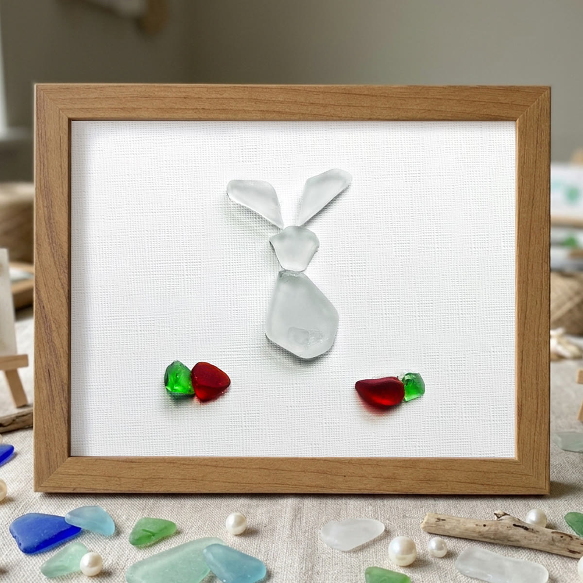 Festive Cute Bunny & Carrots Sea Glass Framed Art - Walnut Brown - 6" X 8" - image 8
