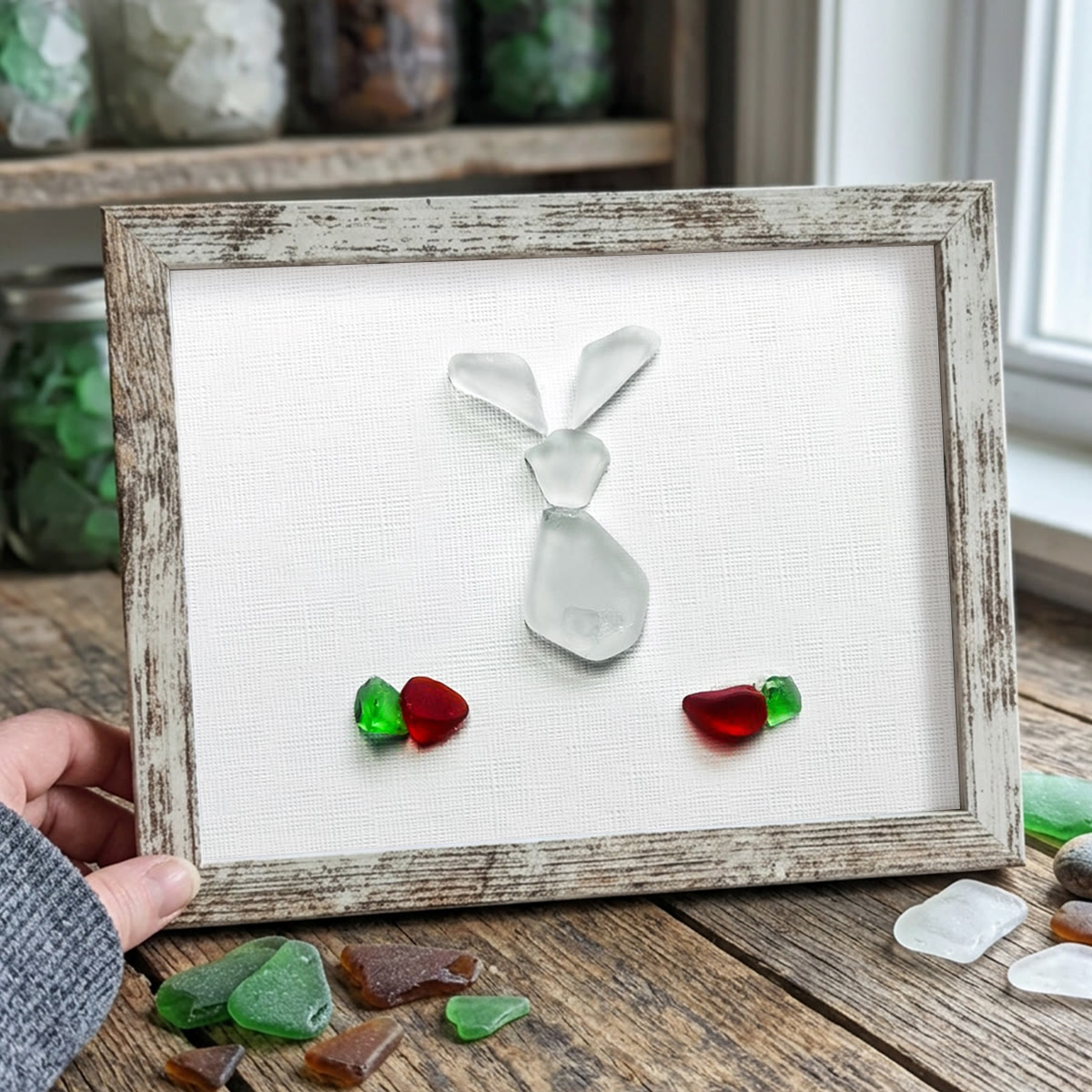 Festive Cute Bunny & Carrots Sea Glass Framed Art - Retro White - 6" X 8" - image 11