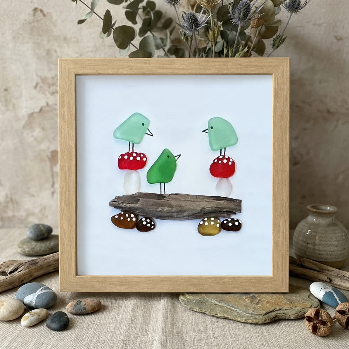 Enchanting Bird & Wild Mushroom Sea Glass Framed Art - Oak - 8" X 8" - image 10