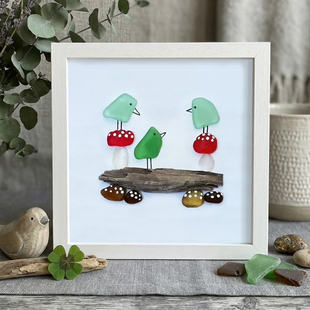 Enchanting Bird & Wild Mushroom Sea Glass Framed Art - White - 8" X 8" - image 12