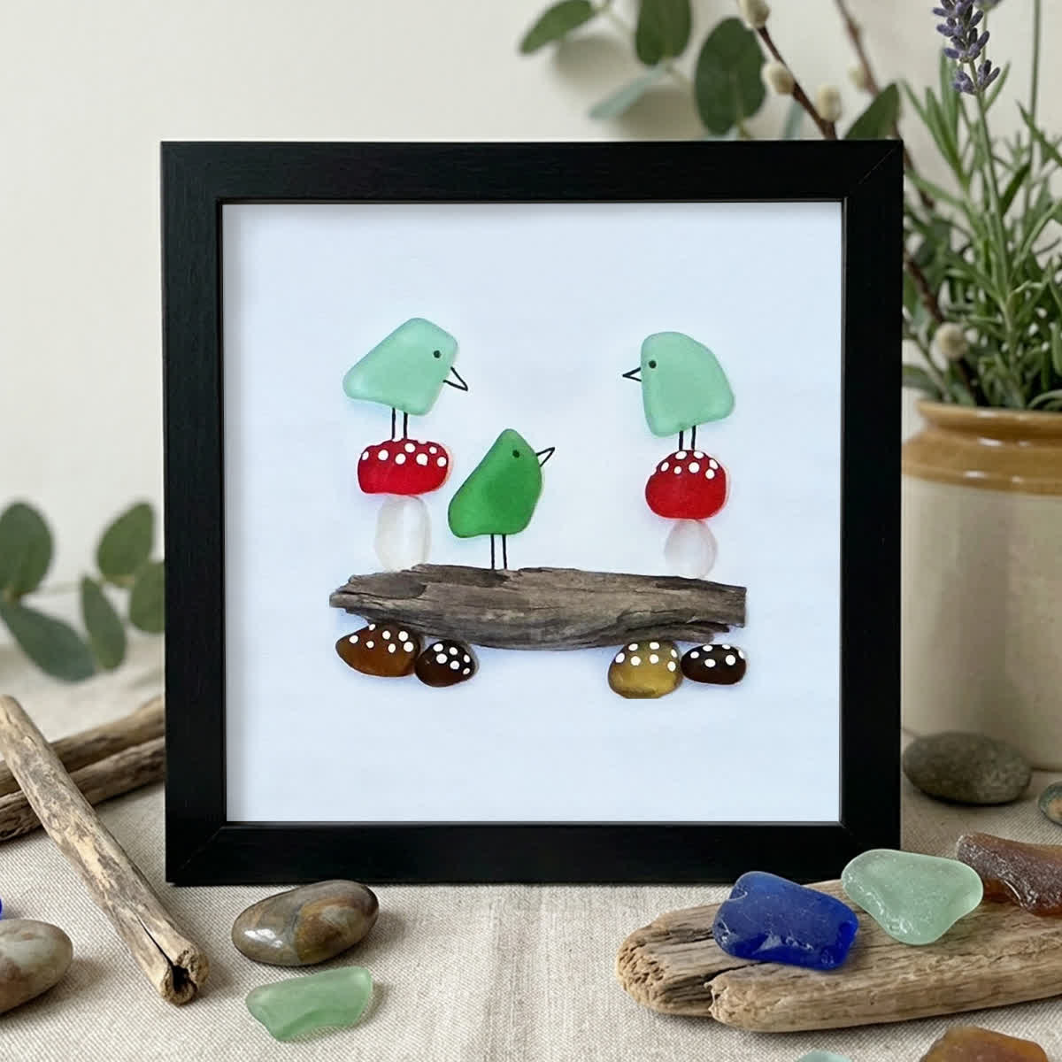 Enchanting Bird & Wild Mushroom Sea Glass Framed Art - Black - 8" X 8" - image 11