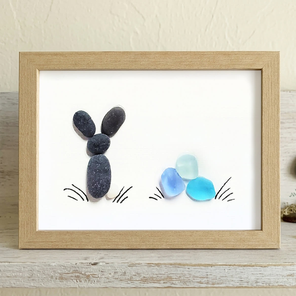 Coastal Spring Bunny & Eggs Sea Glass Framed Art - Oak - 6" X 8" - image 7