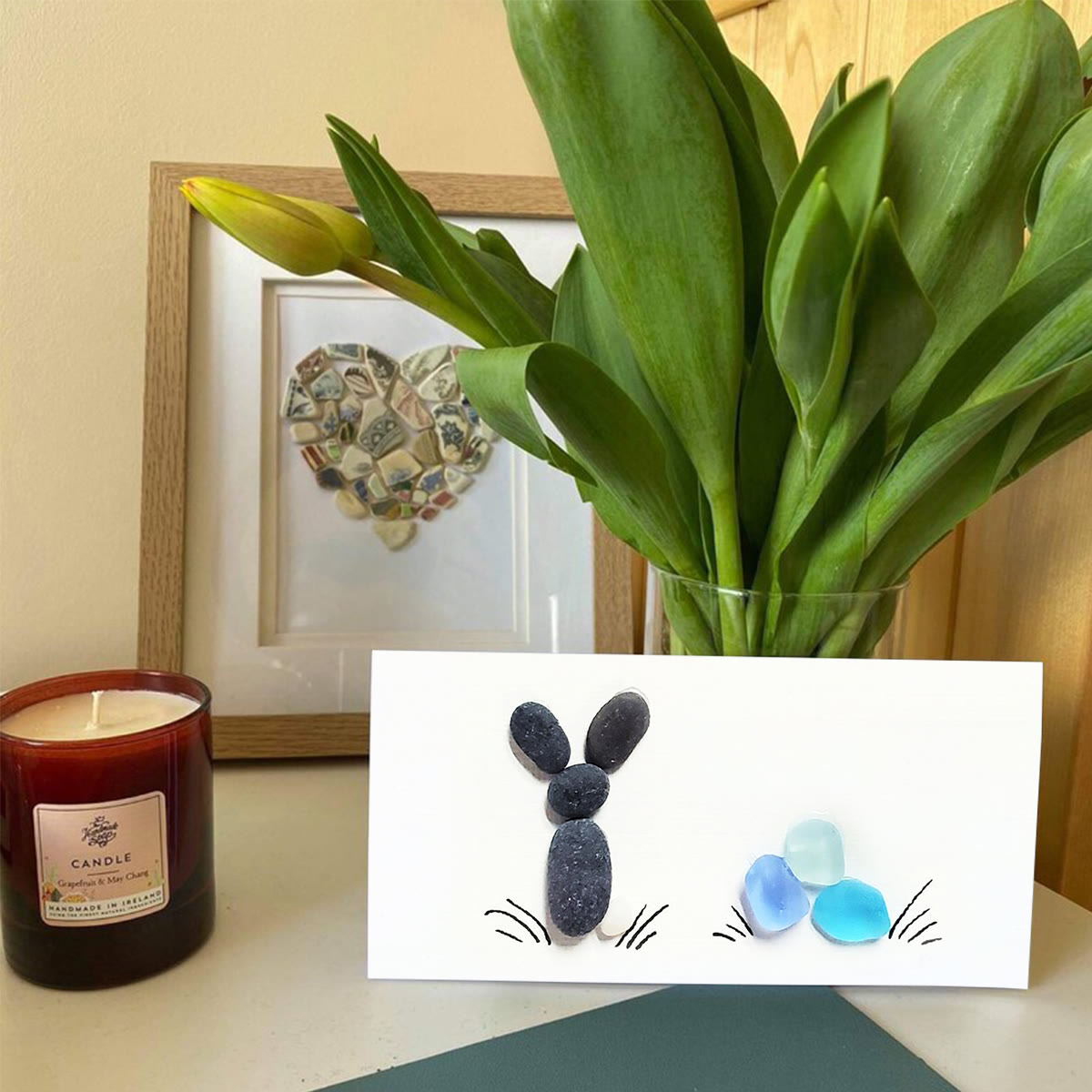 Coastal Spring Bunny & Eggs Sea Glass Framed Art - Seaglass Card - 6" X 8" - image 1