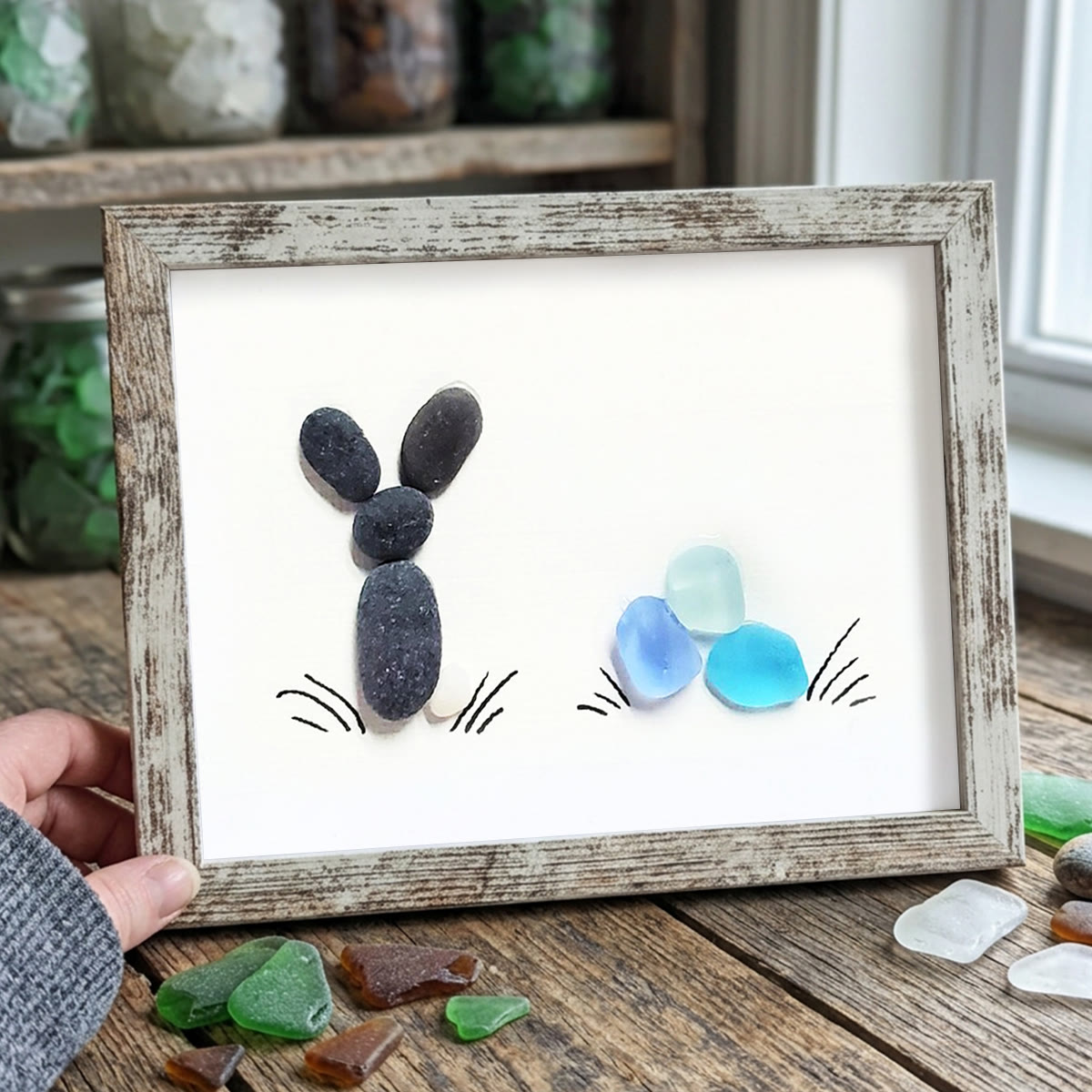 Coastal Spring Bunny & Eggs Sea Glass Framed Art - Retro White - 6" X 8" - image 11