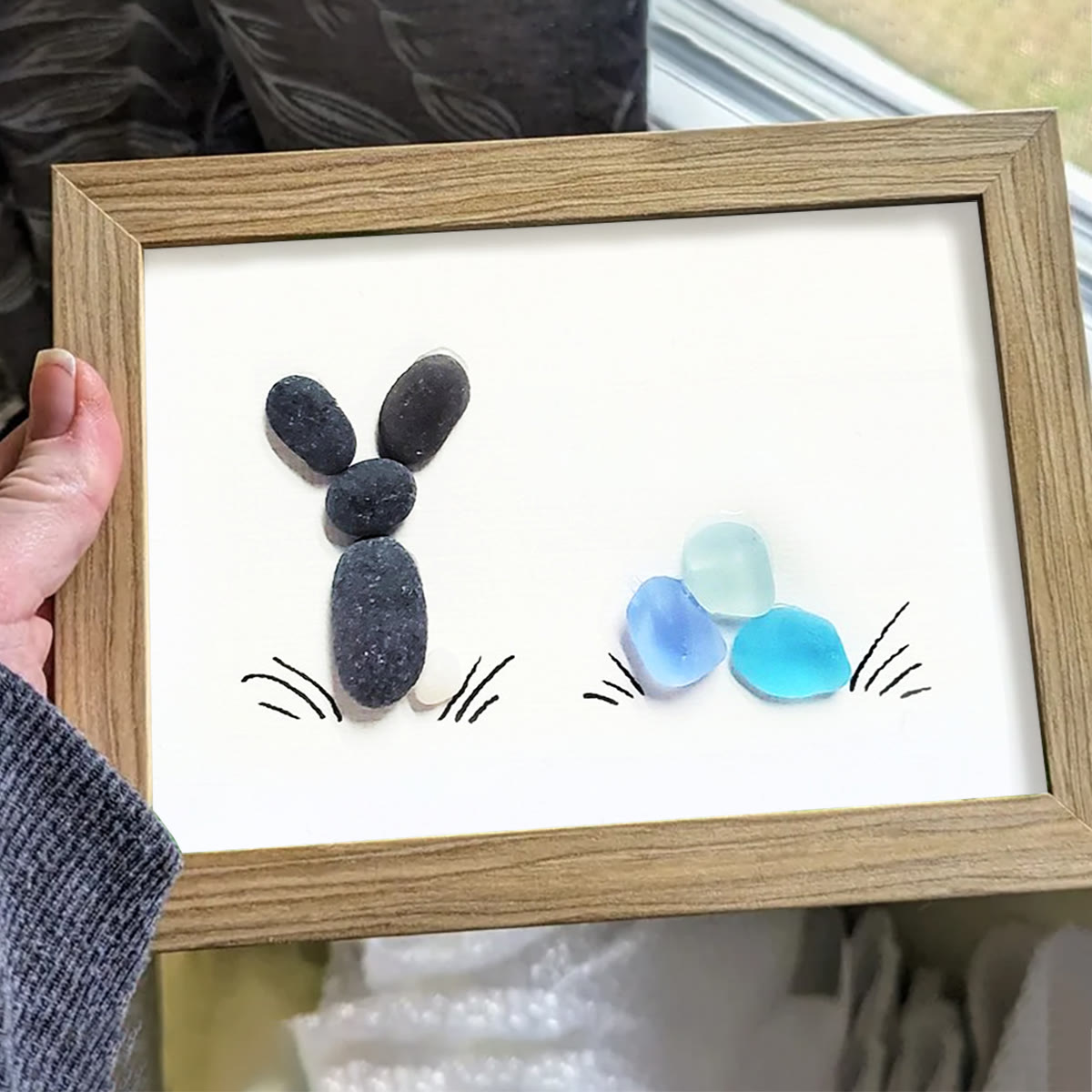 Coastal Spring Bunny & Eggs Sea Glass Framed Art - image 2