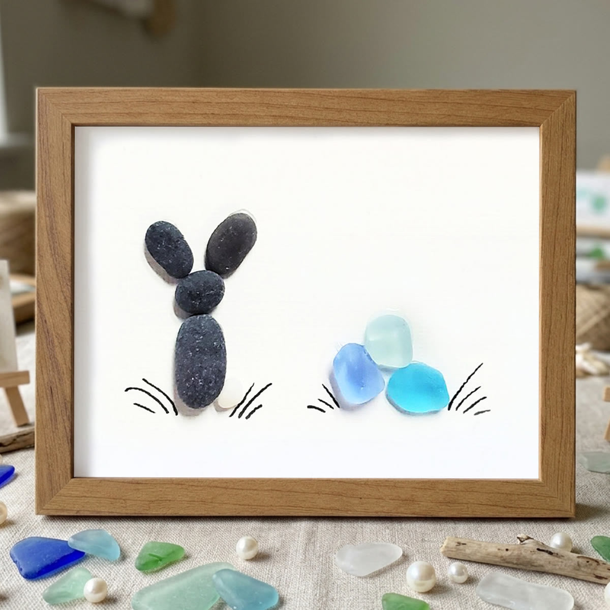 Coastal Spring Bunny & Eggs Sea Glass Framed Art - Walnut Brown - 6" X 8" - image 8