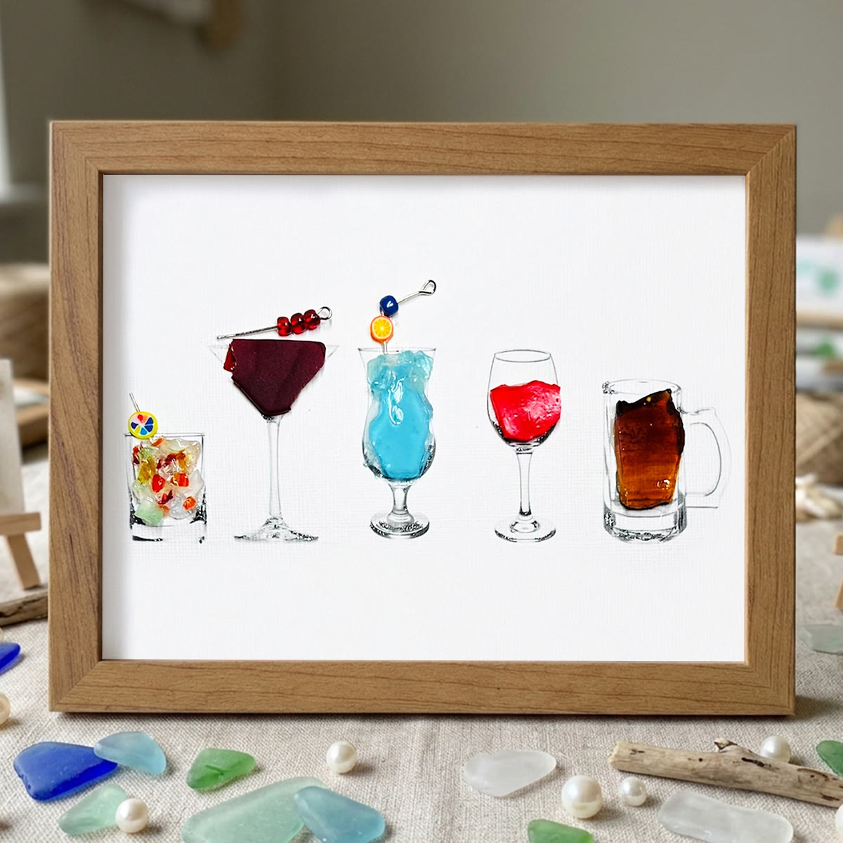 Coastal Cocktails Bar Decor Sea Glass Framed Art - Walnut Brown - 6" X 8" - image 8