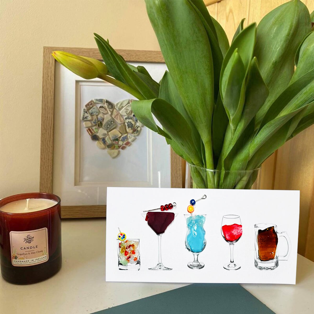 Coastal Cocktails Bar Decor Sea Glass Framed Art - Seaglass Card - 6" X 8" - image 1