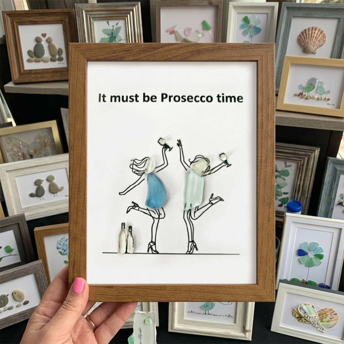 It Must Be Prosecco Time Sea Glass Framed Art - Walnut Brown - 8" X 6" - image 10