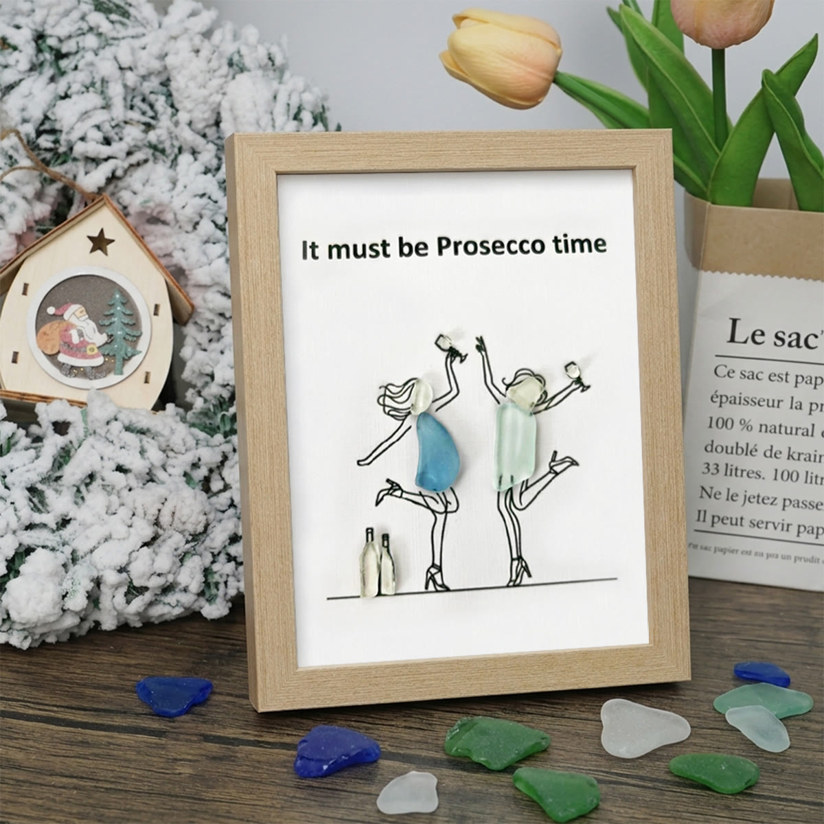 It Must Be Prosecco Time Sea Glass Framed Art - Oak - 8" X 6" - image 9