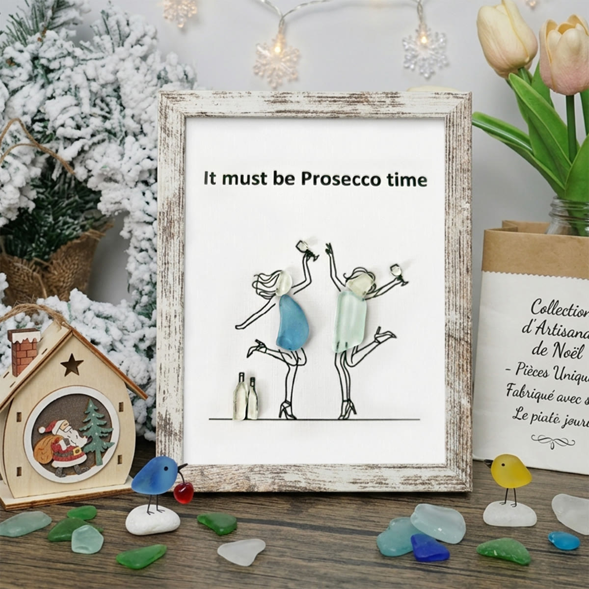 It Must Be Prosecco Time Sea Glass Framed Art - Retro White - 8" X 6" - image 13