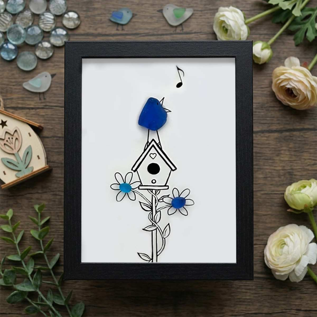 Singing Blue Bird & Joyful Birdhouse Sea Glass Framed Art - Black - 8" X 6" - image 11