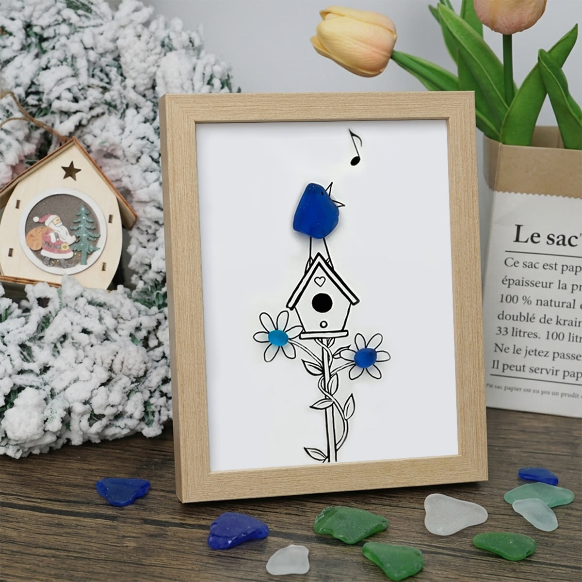 Singing Blue Bird & Joyful Birdhouse Sea Glass Framed Art - Oak - 8" X 6" - image 9