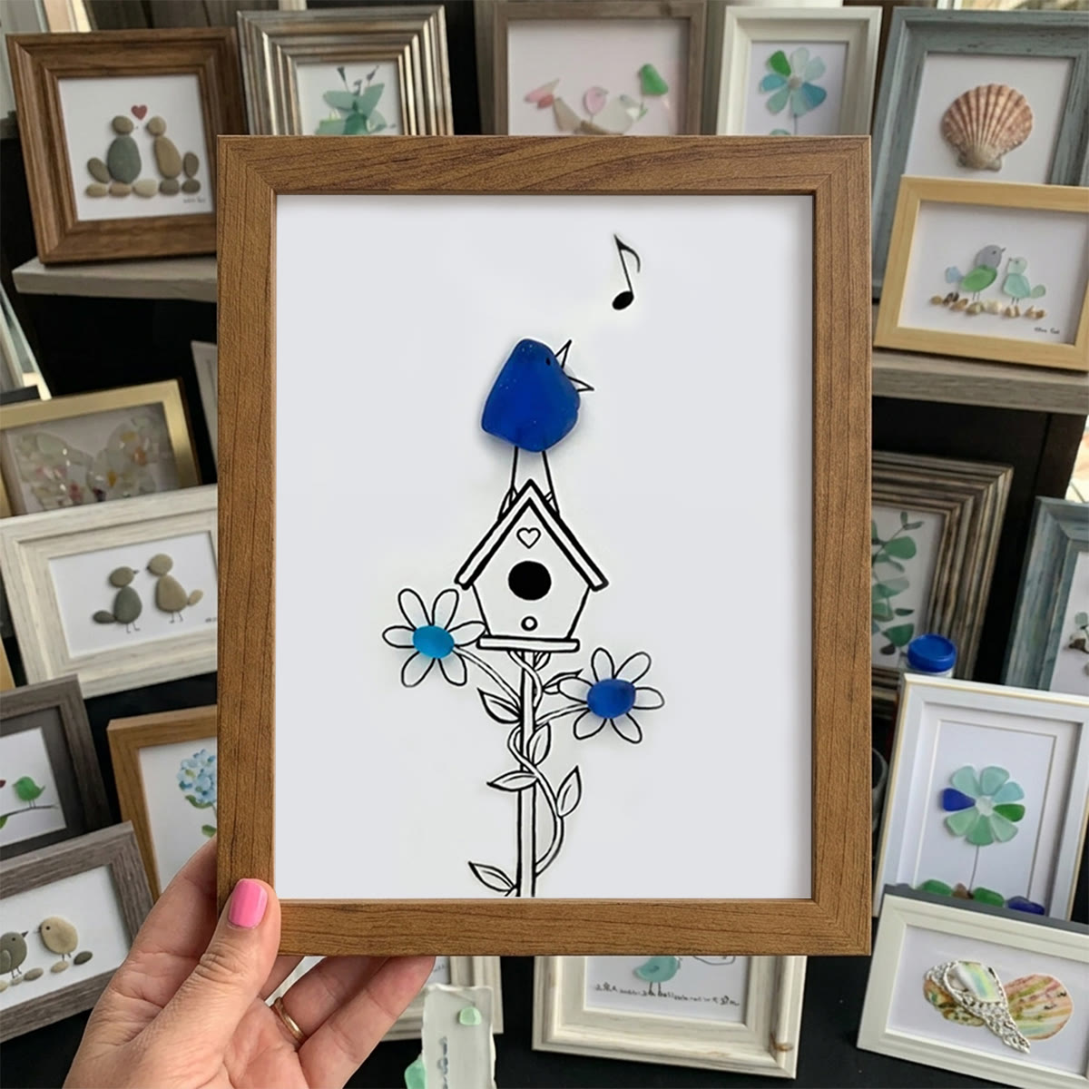 Singing Blue Bird & Joyful Birdhouse Sea Glass Framed Art - Walnut Brown - 8" X 6" - image 10