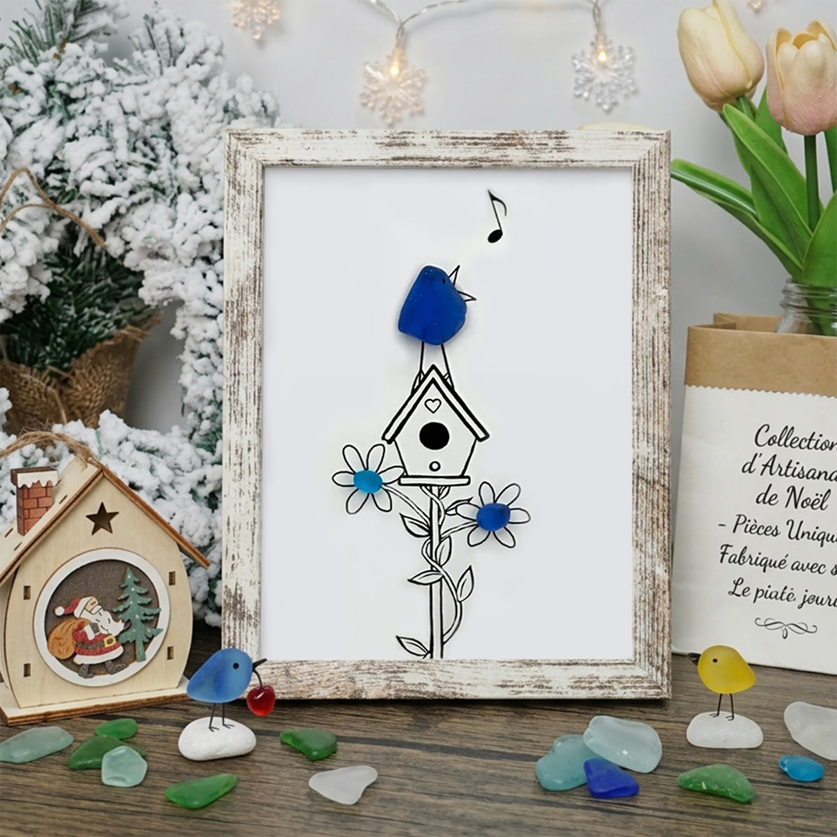 Singing Blue Bird & Joyful Birdhouse Sea Glass Framed Art - Retro White - 8" X 6" - image 13