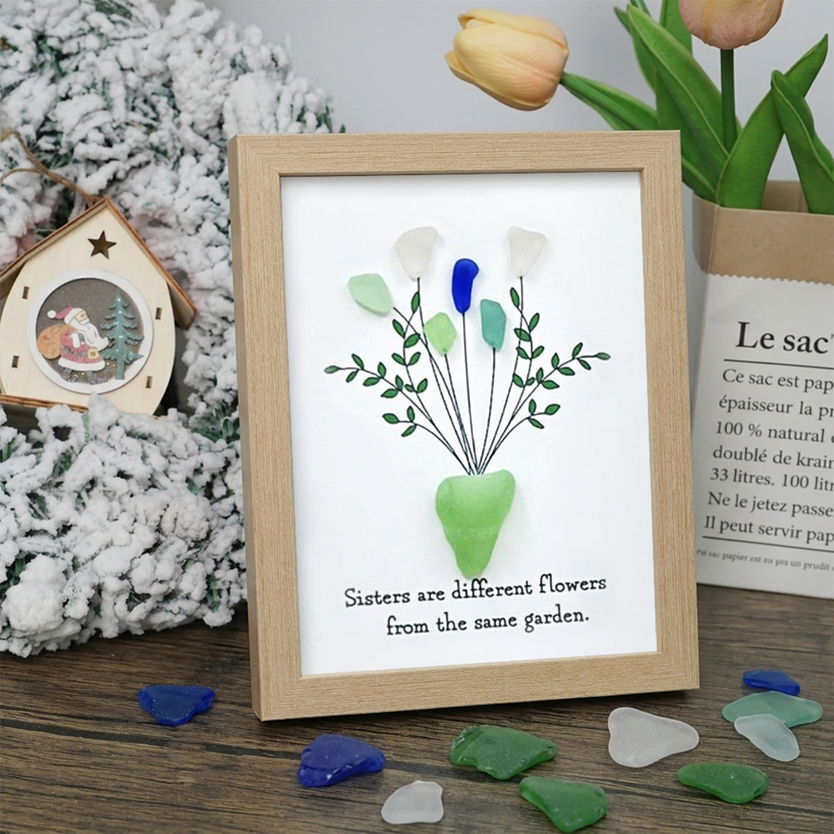 Flowers Bouquet Sisterhood Sea Glass Framed Art - Oak - 8" X 6" - image 9