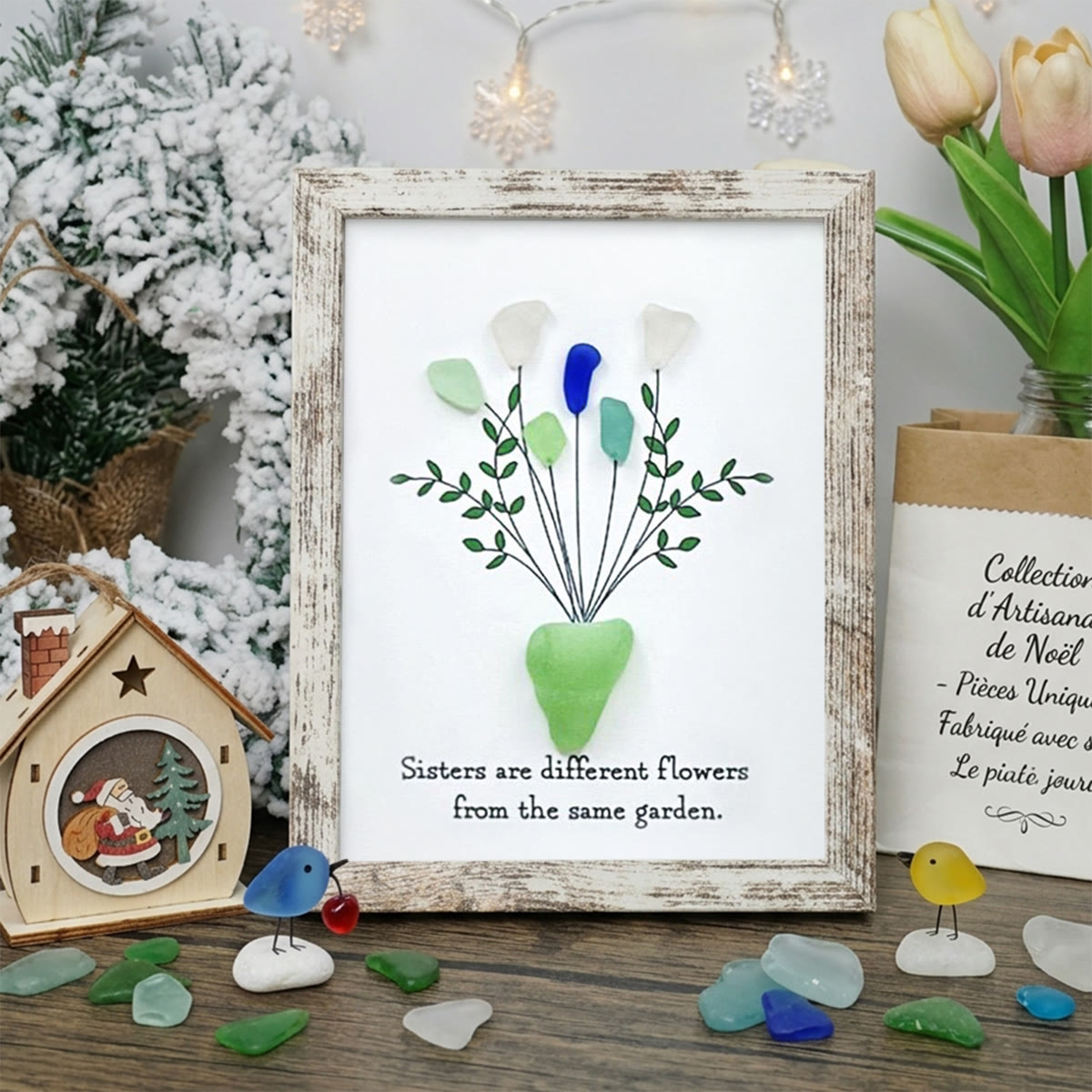 Flowers Bouquet Sisterhood Sea Glass Framed Art - Retro White - 8" X 6" - image 13