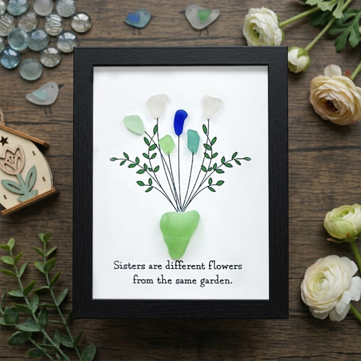 Flowers Bouquet Sisterhood Sea Glass Framed Art - Black - 8" X 6" - image 11
