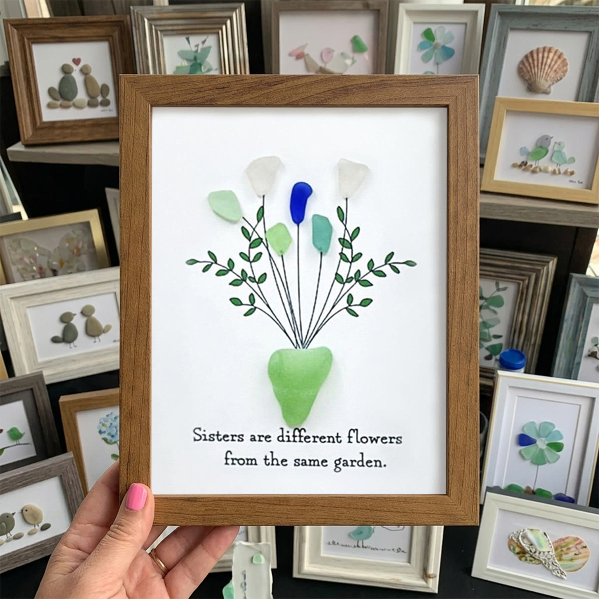 Flowers Bouquet Sisterhood Sea Glass Framed Art - Walnut Brown - 8" X 6" - image 10