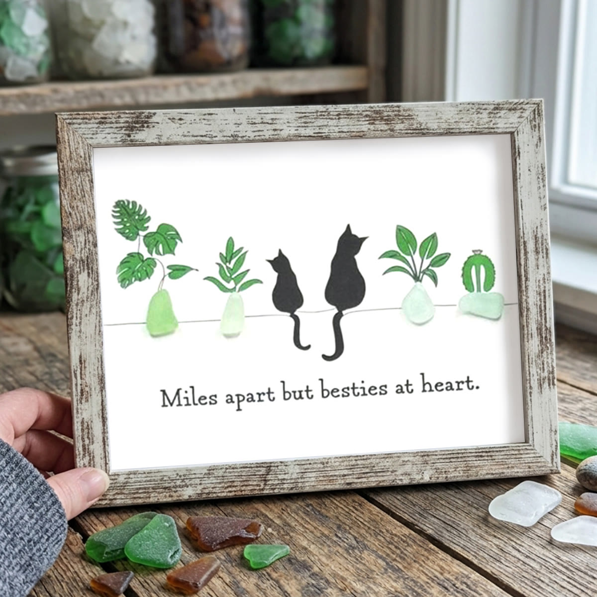 Long-Distance Bestie Cat & Plant Sea Glass Framed Art - Retro White - 6" X 8" - image 15