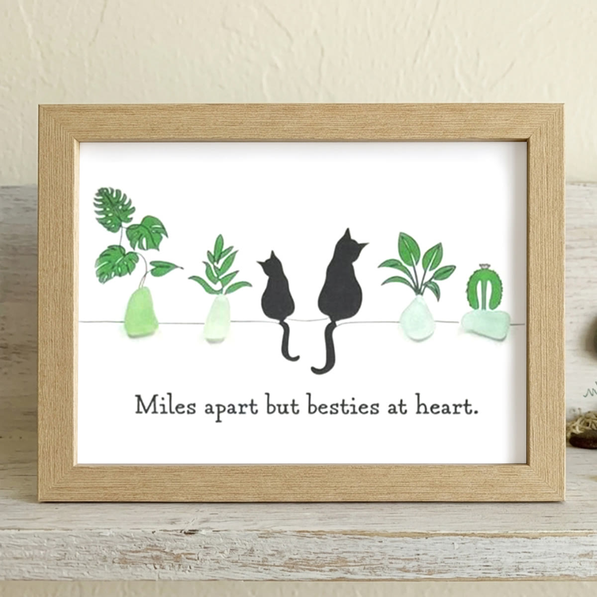 Long-Distance Bestie Cat & Plant Sea Glass Framed Art - Oak - 6" X 8" - image 11