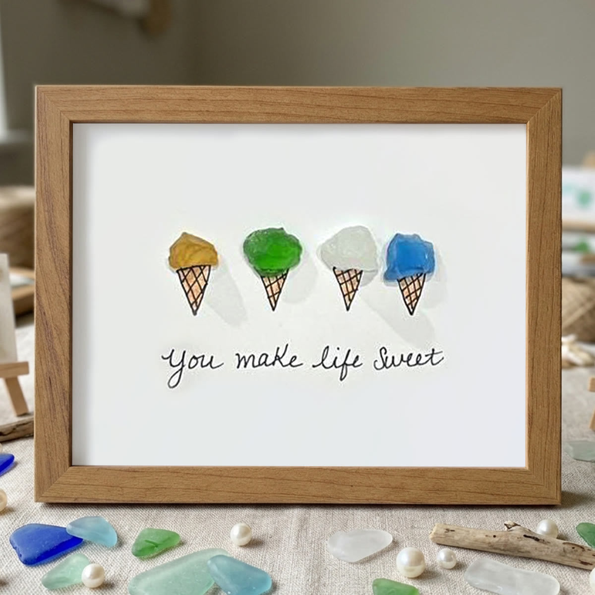 "You Make Life Sweet" Ice Cream Sea Glass Framed Art - Walnut Brown - 6" X 8" - image 10