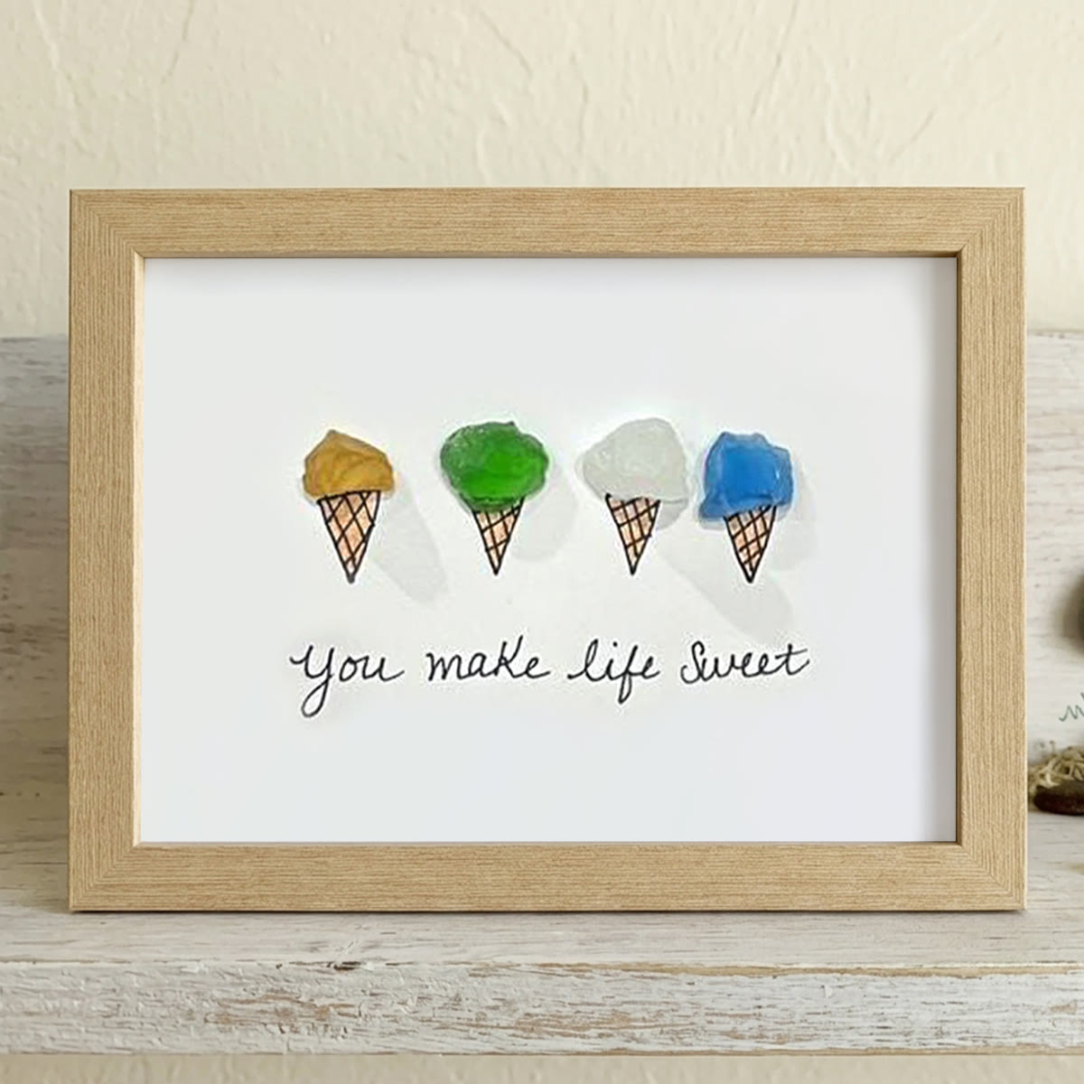"You Make Life Sweet" Ice Cream Sea Glass Framed Art - Oak - 6" X 8" - image 9