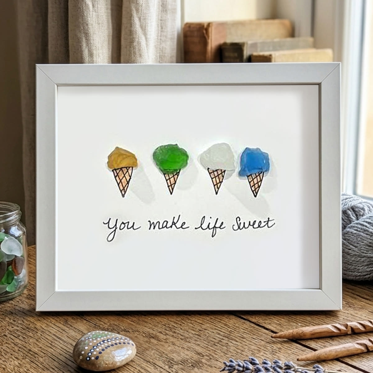 "You Make Life Sweet" Ice Cream Sea Glass Framed Art - White - 6" X 8" - image 12