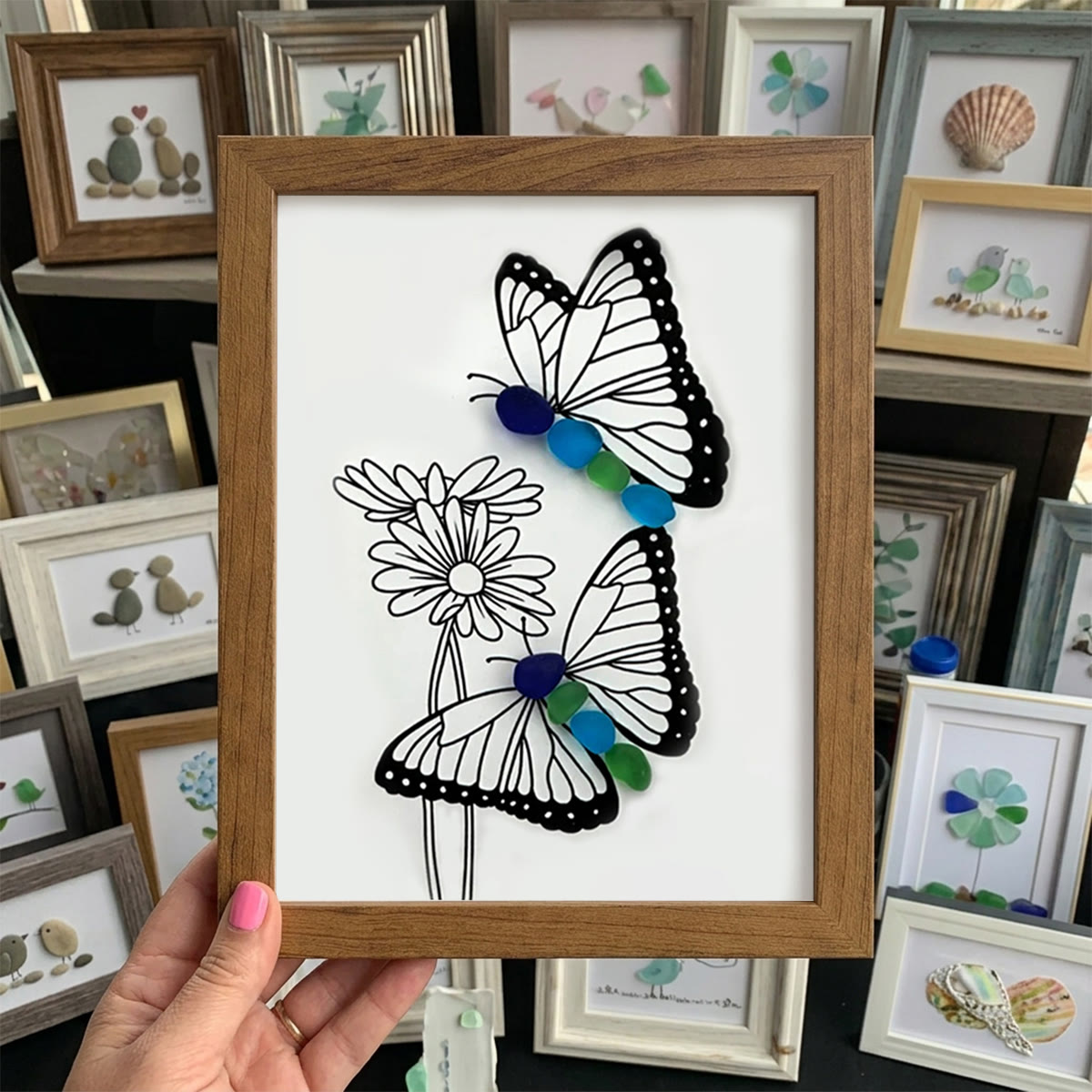 Butterflies & Daisies Garden Sea Glass Framed Art - Walnut Brown - 8" X 6" - image 10