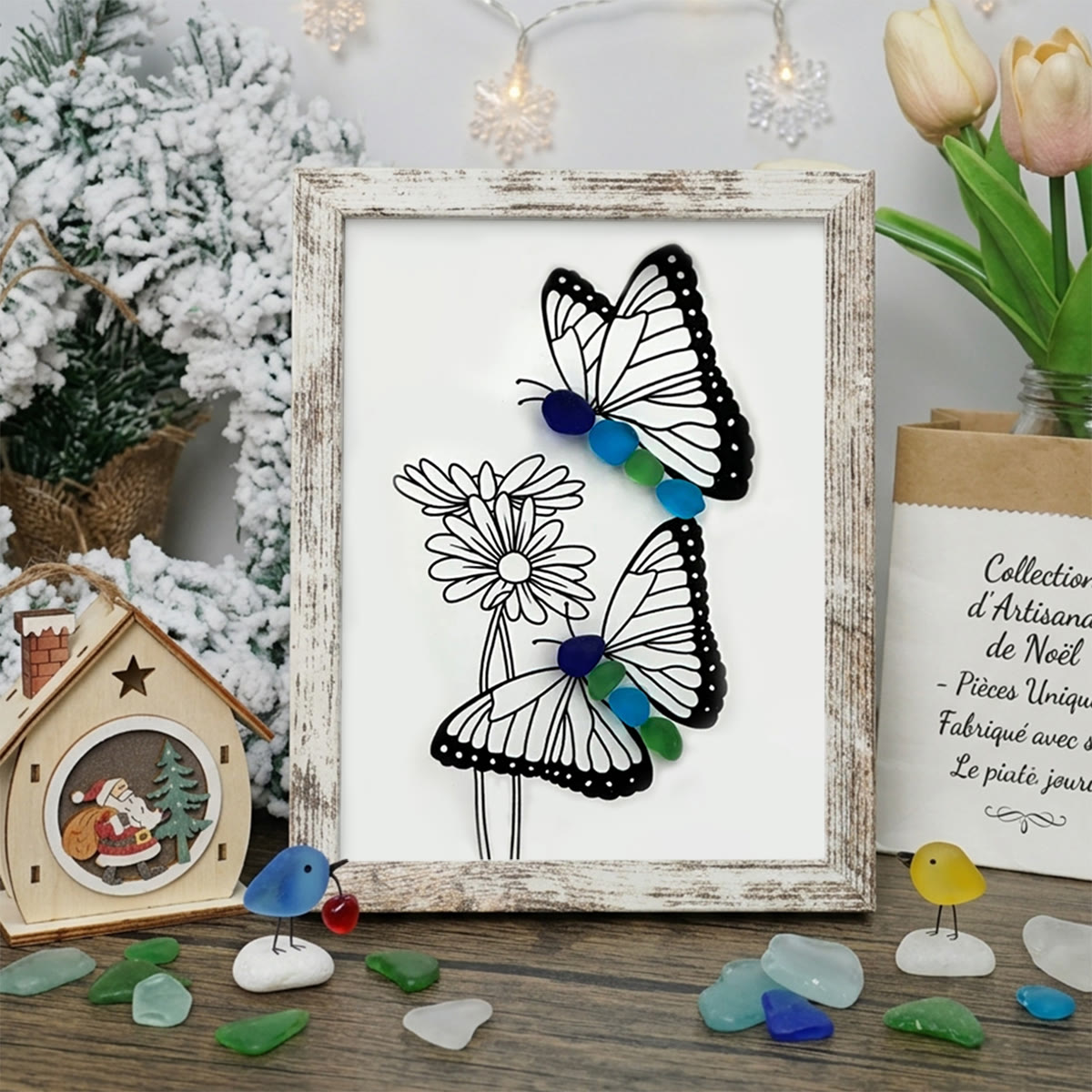Butterflies & Daisies Garden Sea Glass Framed Art - Retro White - 8" X 6" - image 13