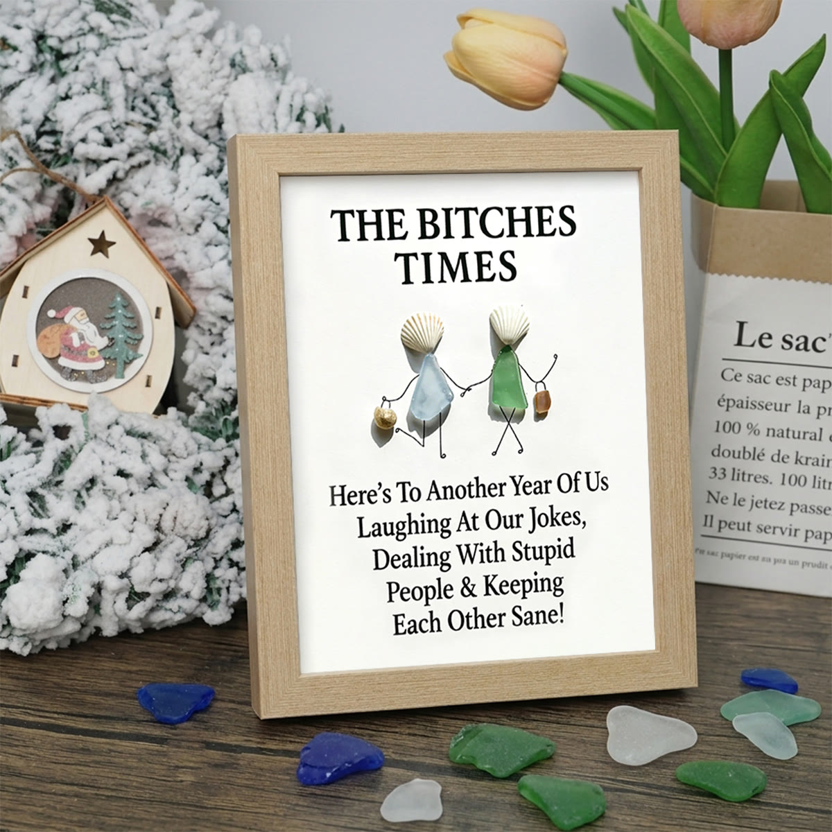 The Bitches Times Shell Bestie Sea Glass Framed Art - Oak - 8" X 6" - image 9