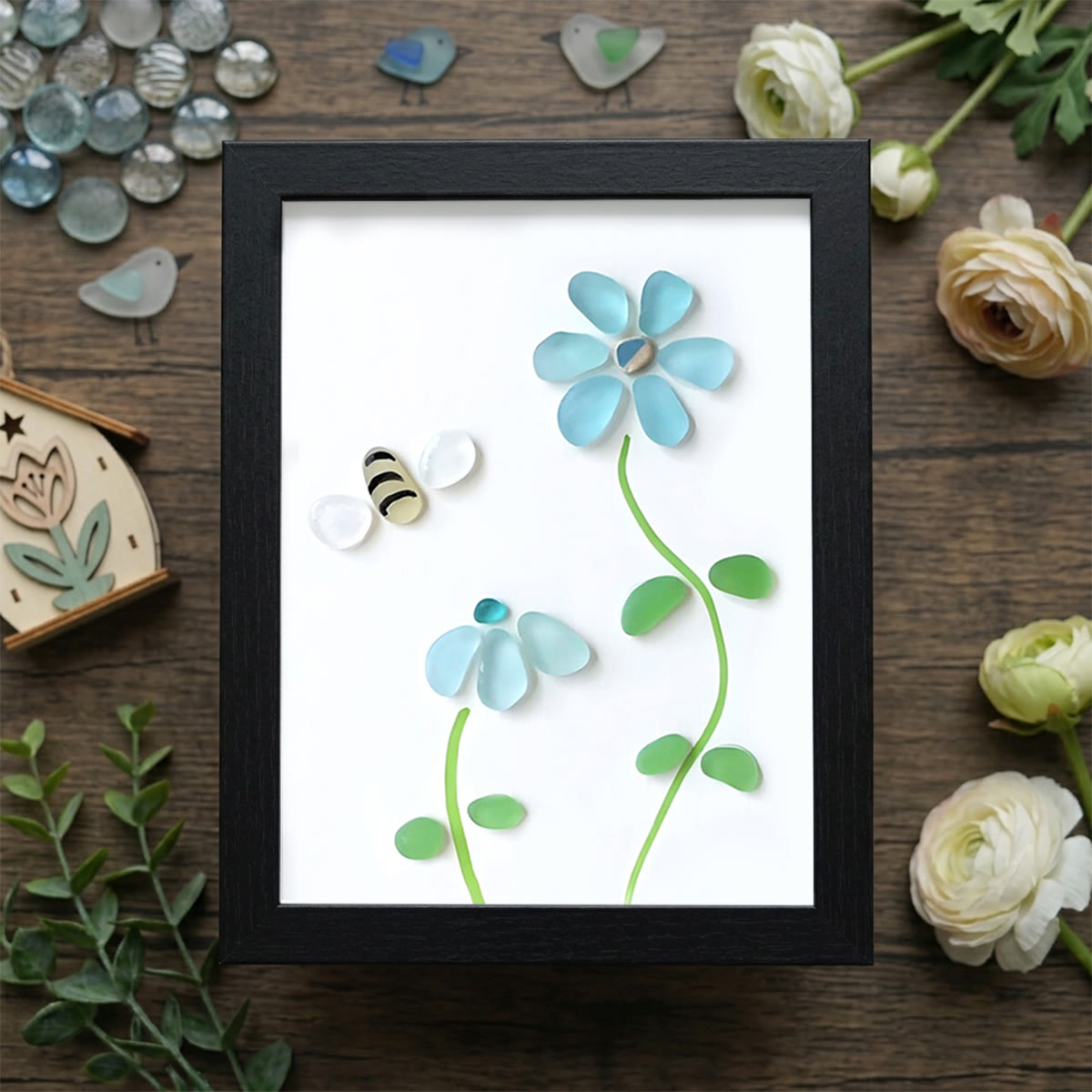 Coastal Joy Flower & Bee Sea Glass Framed Art - Black - 8" X 6" - image 11