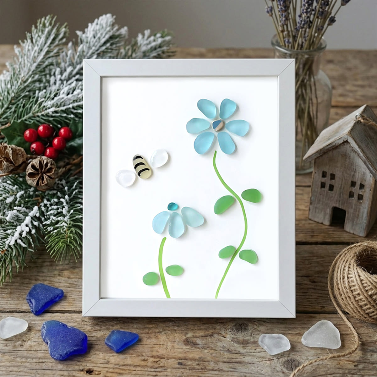 Coastal Joy Flower & Bee Sea Glass Framed Art - White - 8" X 6" - image 12