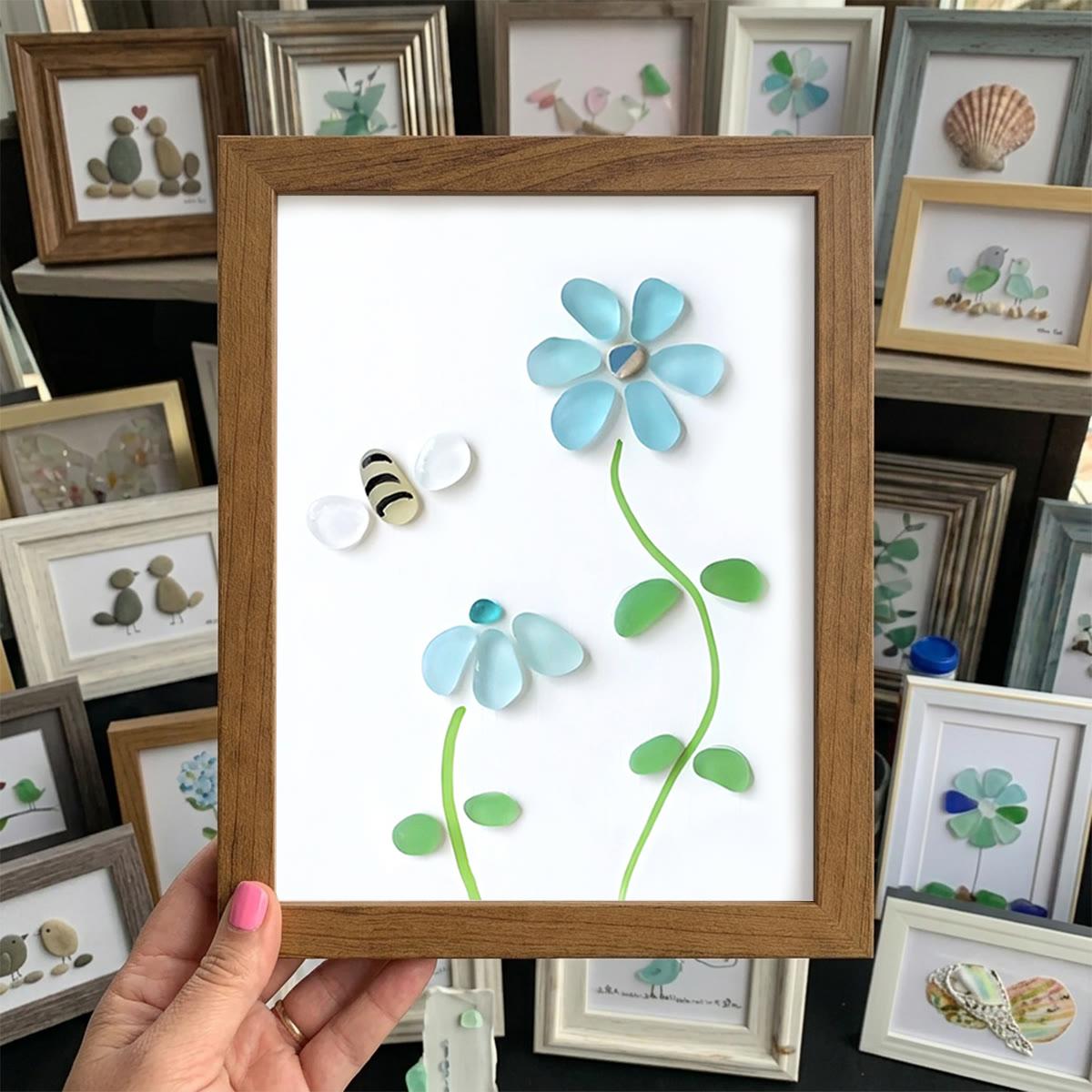 Coastal Joy Flower & Bee Sea Glass Framed Art - Walnut Brown - 8" X 6" - image 10