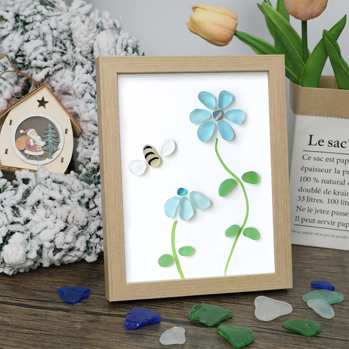 Coastal Joy Flower & Bee Sea Glass Framed Art - Oak - 8" X 6" - image 9