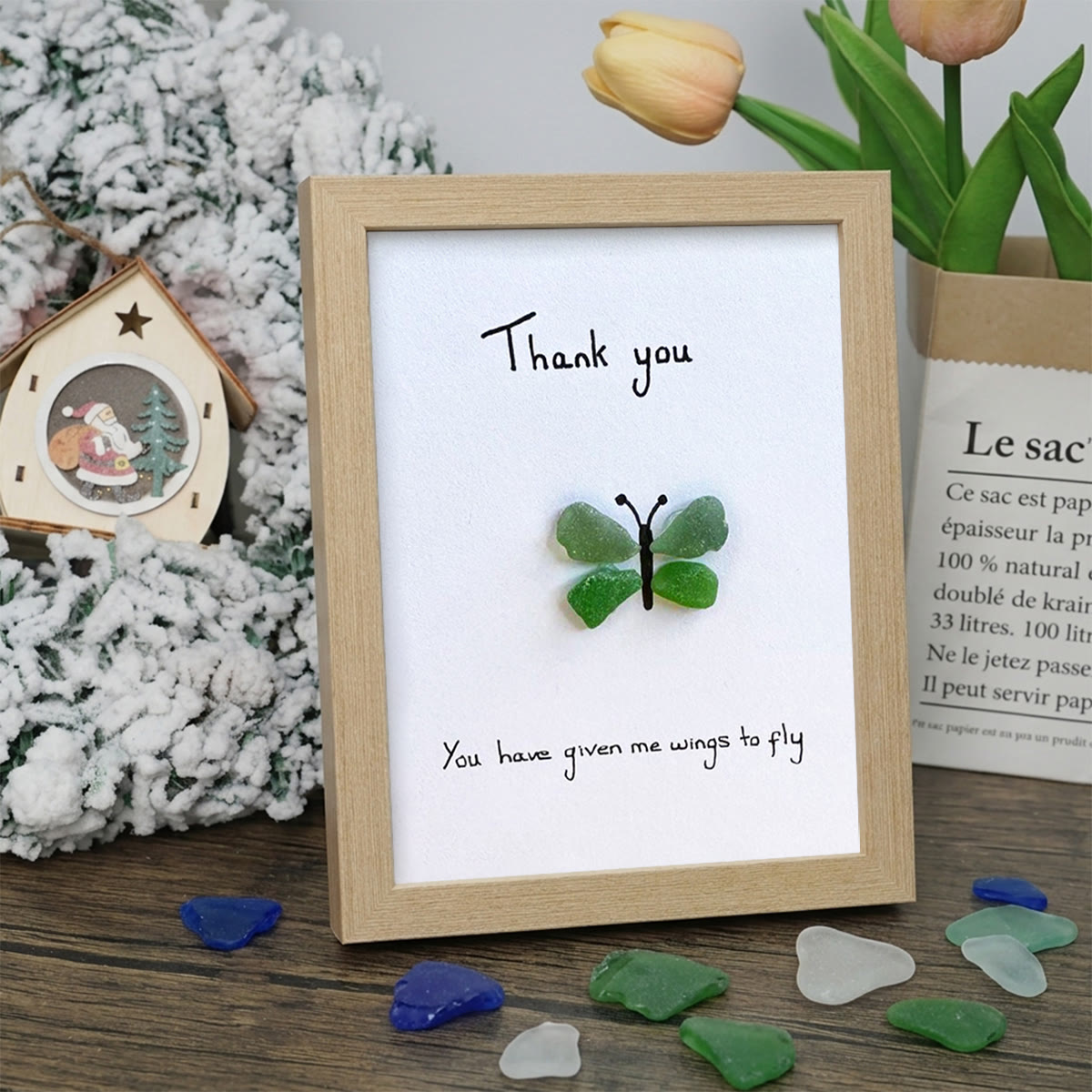 Green Butterfly Thank You Quote Sea Glass Framed Art - Oak - 8" X 6" - image 9