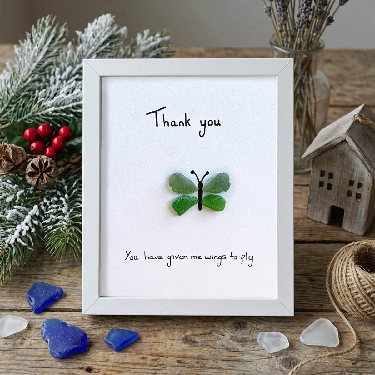 Green Butterfly Thank You Quote Sea Glass Framed Art - White - 8" X 6" - image 12