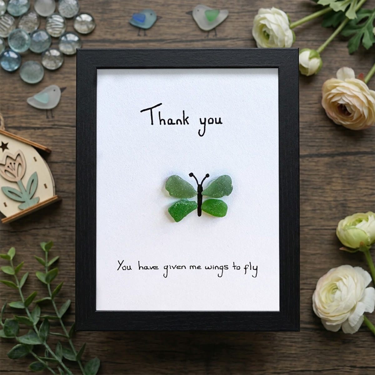 Green Butterfly Thank You Quote Sea Glass Framed Art - Black - 8" X 6" - image 11