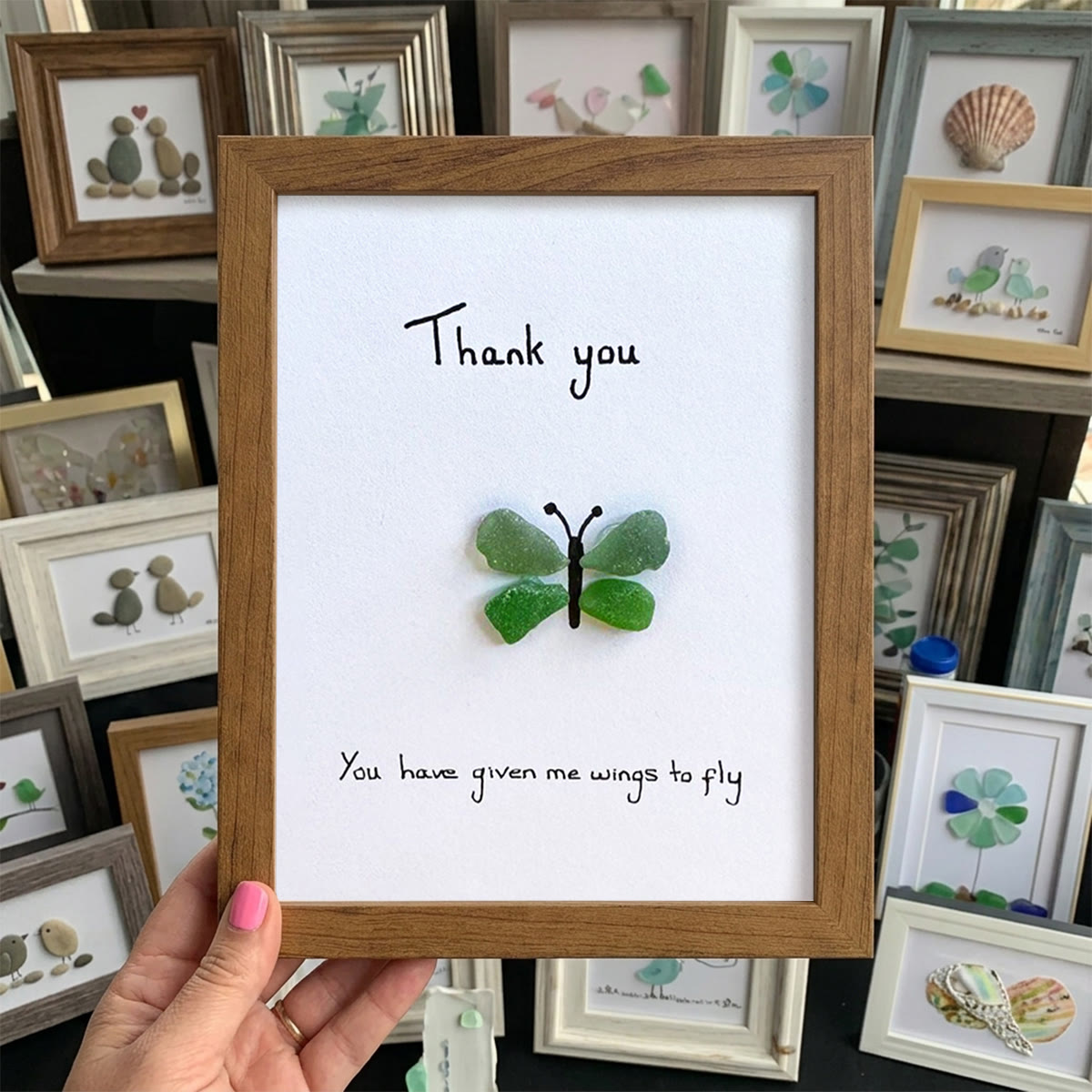 Green Butterfly Thank You Quote Sea Glass Framed Art - Walnut Brown - 8" X 6" - image 10