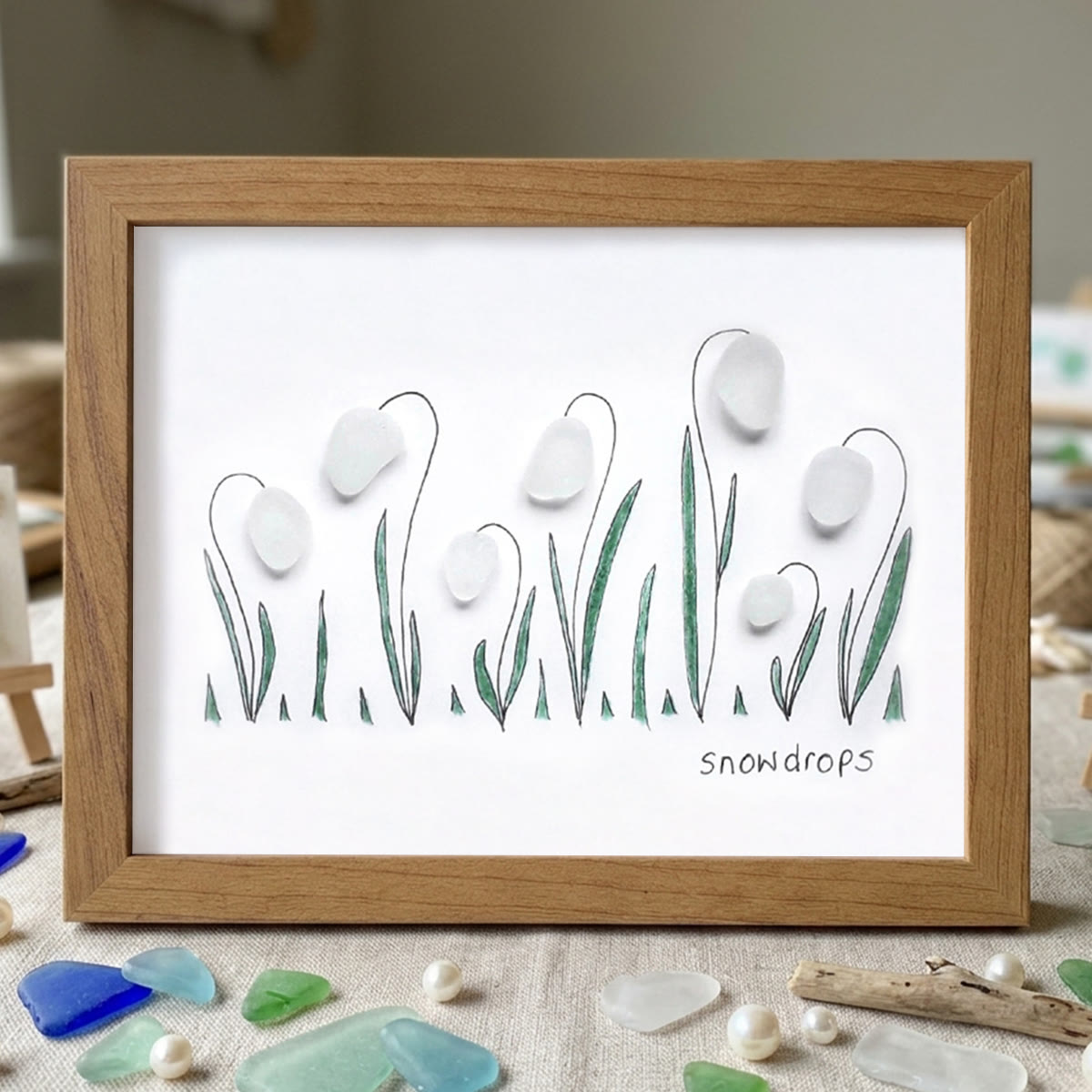 Hope In Every Petal Snowdrops Sea Glass Framed Art - Walnut Brown - 6" X 8" - image 12