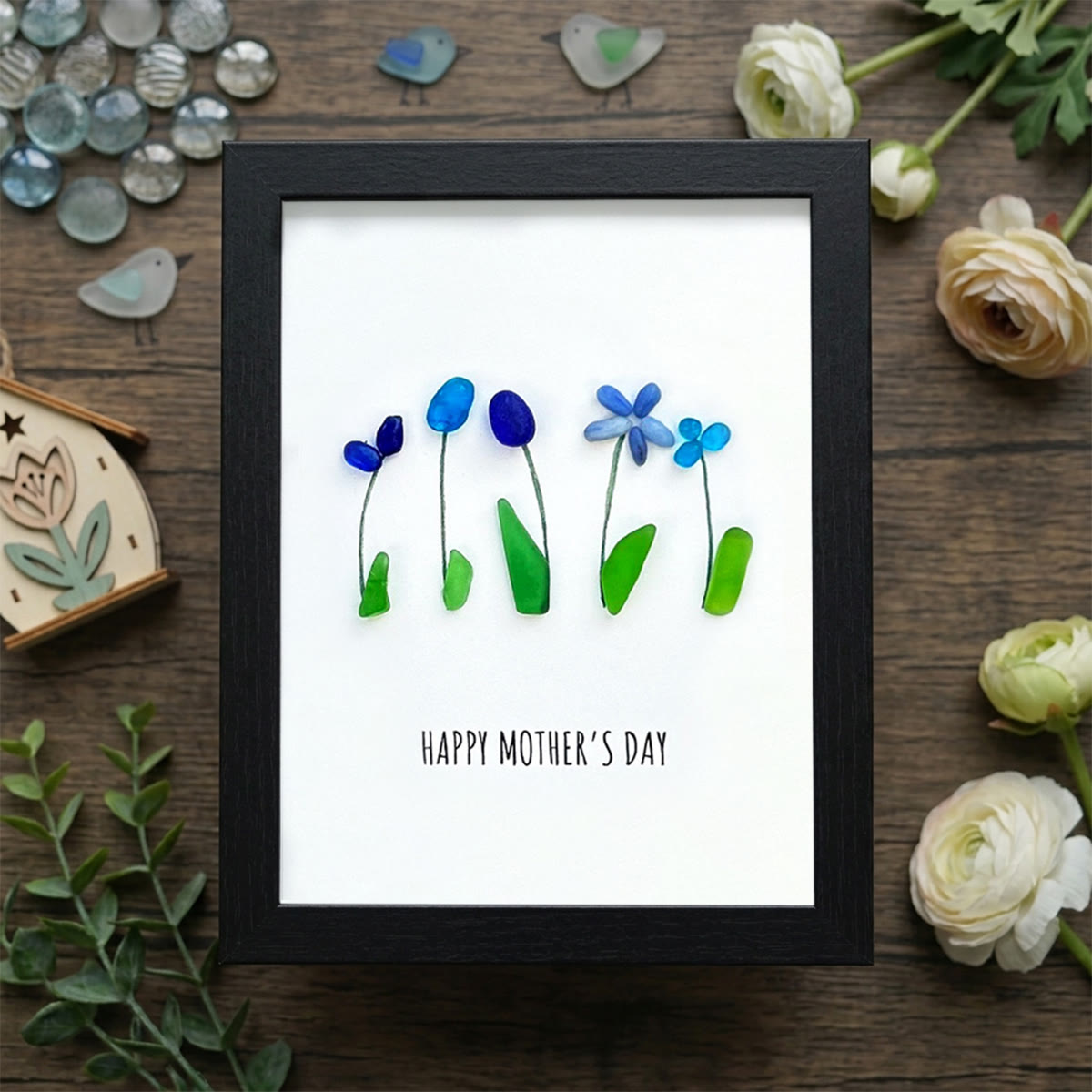 Happy Mother's Day Flower Bouquet Sea Glass Framed Art - Black - 8" X 6" - image 11