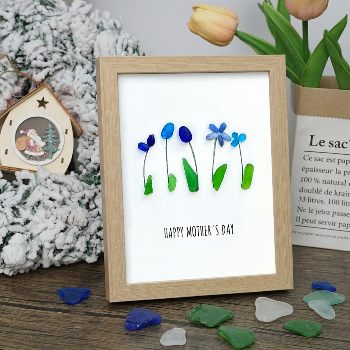 Happy Mother's Day Flower Bouquet Sea Glass Framed Art - Oak - 8" X 6" - image 9