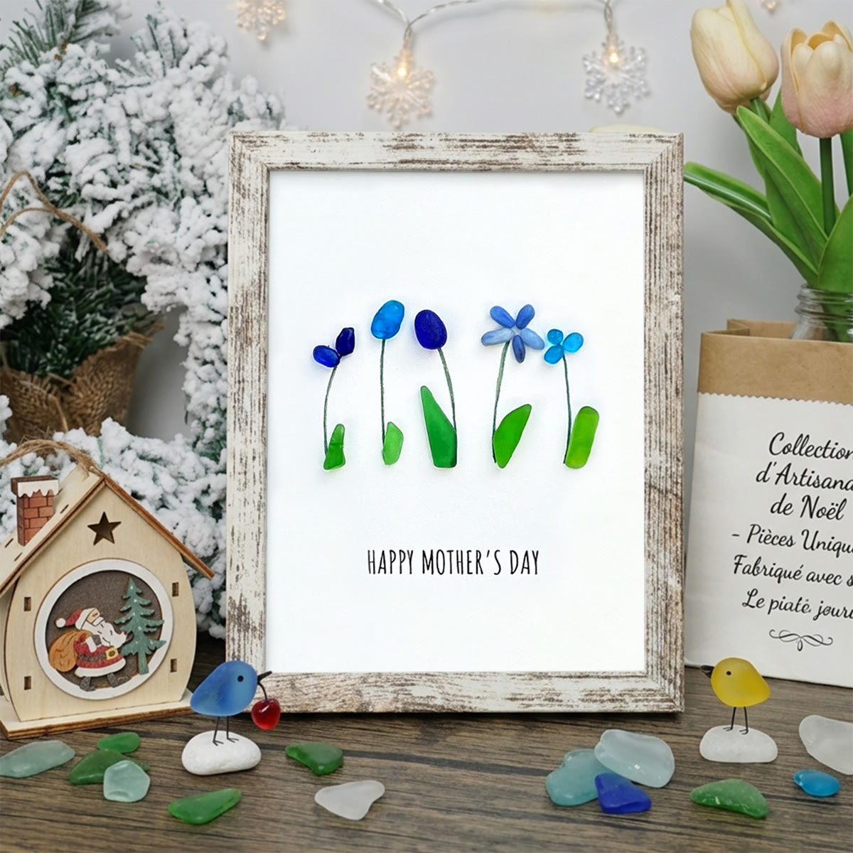 Happy Mother's Day Flower Bouquet Sea Glass Framed Art - Retro White - 8" X 6" - image 13
