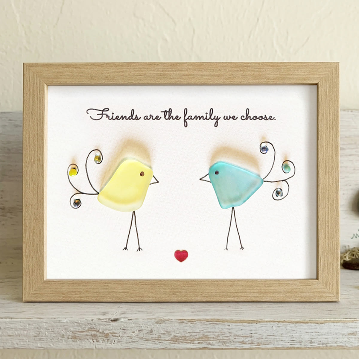 "Friends are the family we choose" Bird Friends Sea Glass Framed Art - Oak - 6" X 8" - image 12