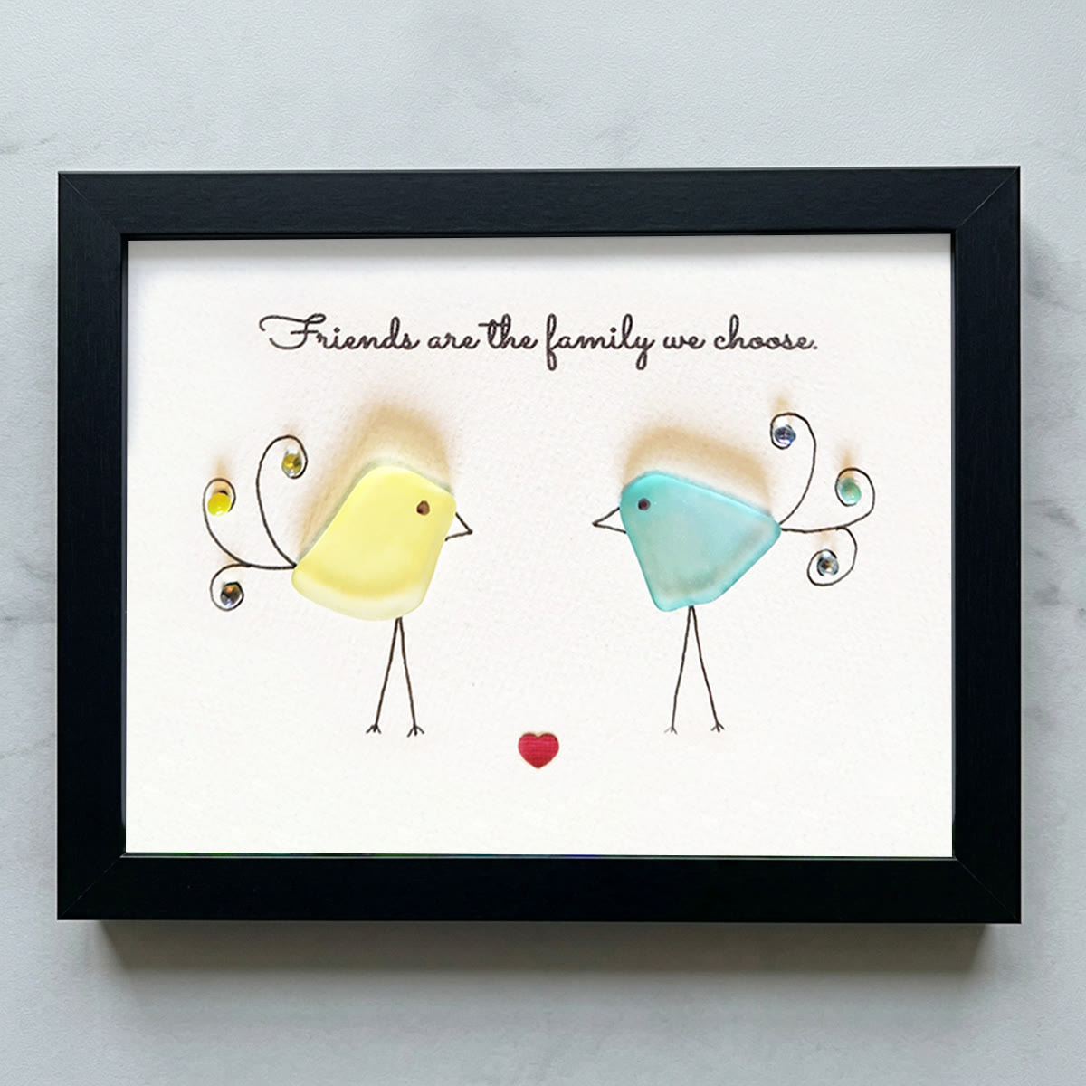 "Friends are the family we choose" Bird Friends Sea Glass Framed Art - Black - 6" X 8" - image 14