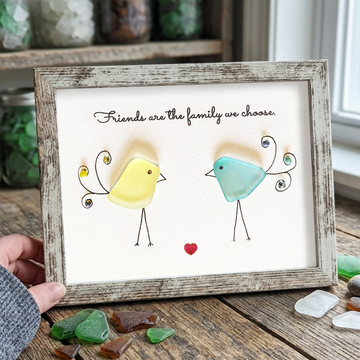 "Friends are the family we choose" Bird Friends Sea Glass Framed Art - Retro White - 6" X 8" - image 16
