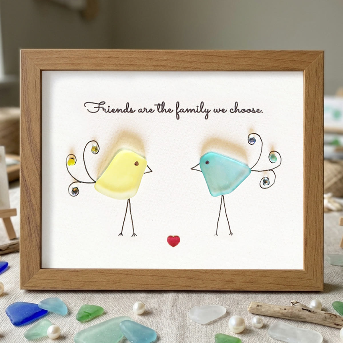 "Friends are the family we choose" Bird Friends Sea Glass Framed Art - Walnut Brown - 6" X 8" - image 13