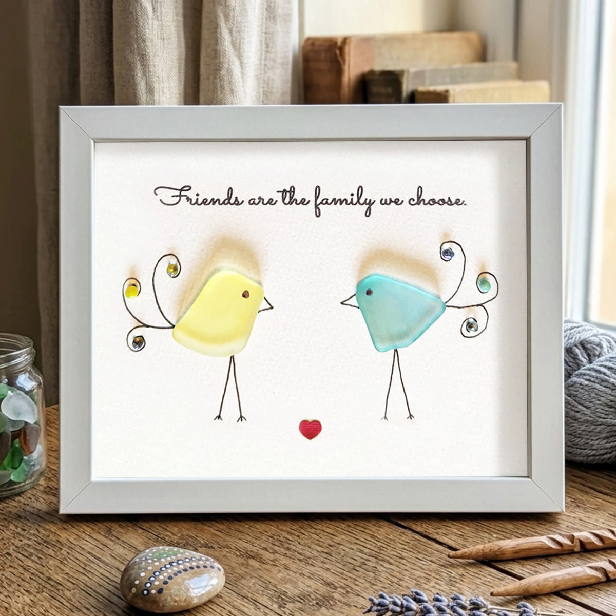"Friends are the family we choose" Bird Friends Sea Glass Framed Art - White - 6" X 8" - image 15