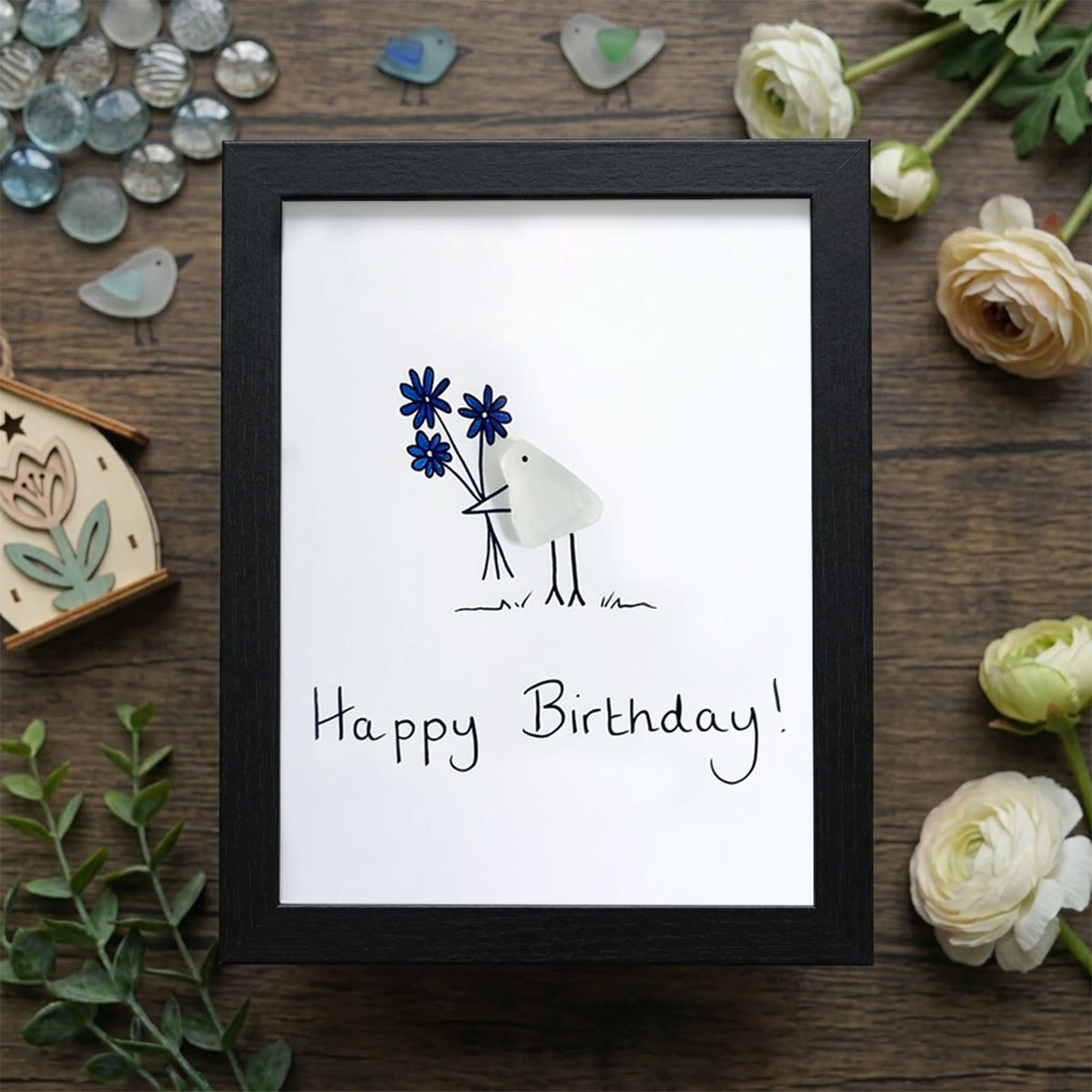 Happy Birthday Bouquet & Bird Sea Glass Framed Art - Black - 8" X 6" - image 11