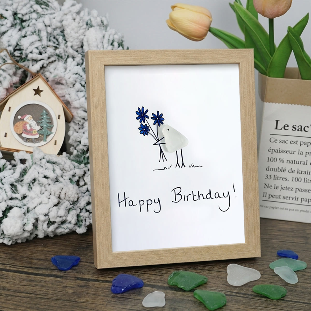 Happy Birthday Bouquet & Bird Sea Glass Framed Art - Oak - 8" X 6" - image 9